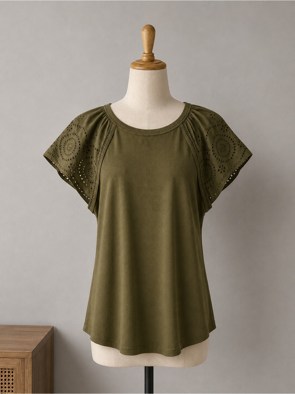 LOFT Olive Eyelet Flutter Sleeve Ribbed Top Medium